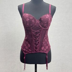 Victoria's Secret Corset Bustier Lace-Up Boned Garter Burgundy‎ Size L READ